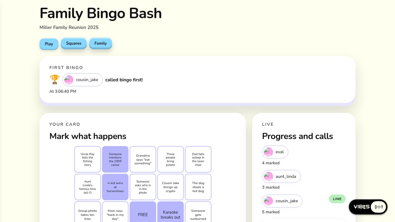 Platform screenshot of the Reunion bingo app built in round six
